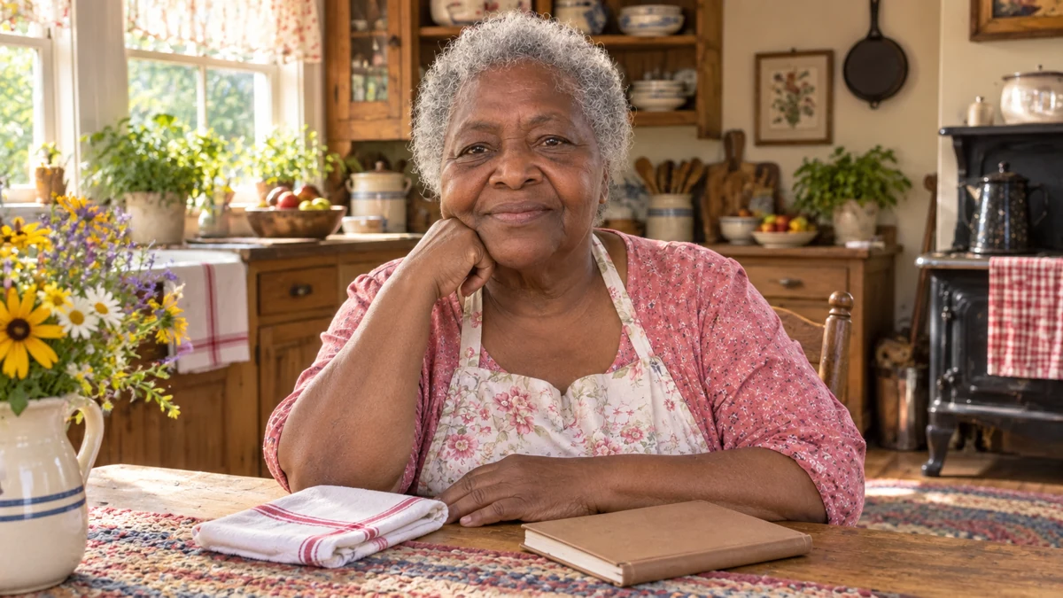 Edna Jackson lächelt an ihrem Küchentisch neben einem Rezeptheft