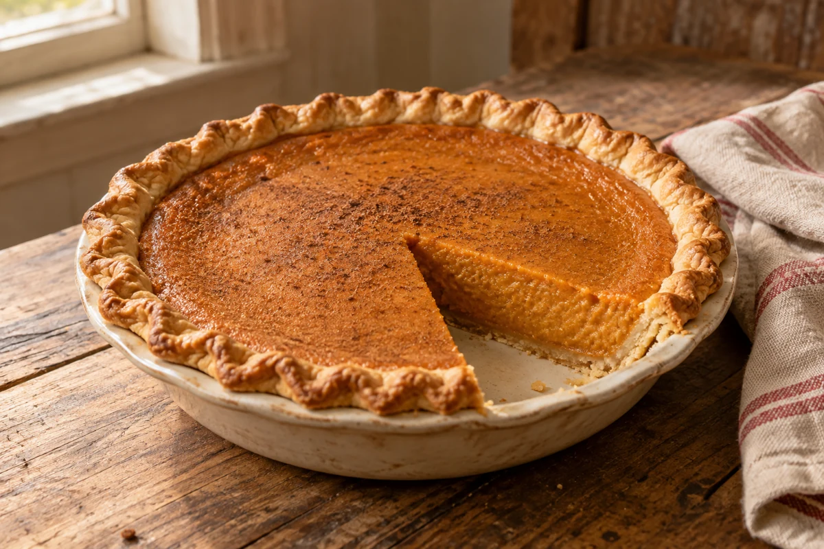 Süßkartoffel-Pie mit herausgeschnittenem Stück und glatter Füllung